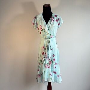 Maison Tara- Floral Faux Wrap Dress - Light Blue with Pink Flower Accents - BNWT